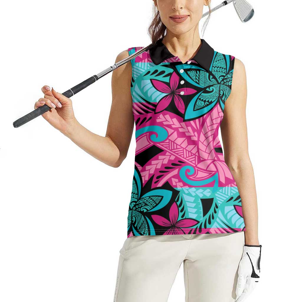 Plumeria Polynesian Pattern Women Sleeveless Polo Shirt Unique Fantasy Pink Teal