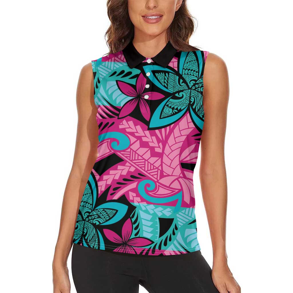 Plumeria Polynesian Pattern Women Sleeveless Polo Shirt Unique Fantasy Pink Teal