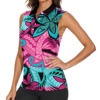 Plumeria Polynesian Pattern Women Sleeveless Polo Shirt Unique Fantasy Pink Teal