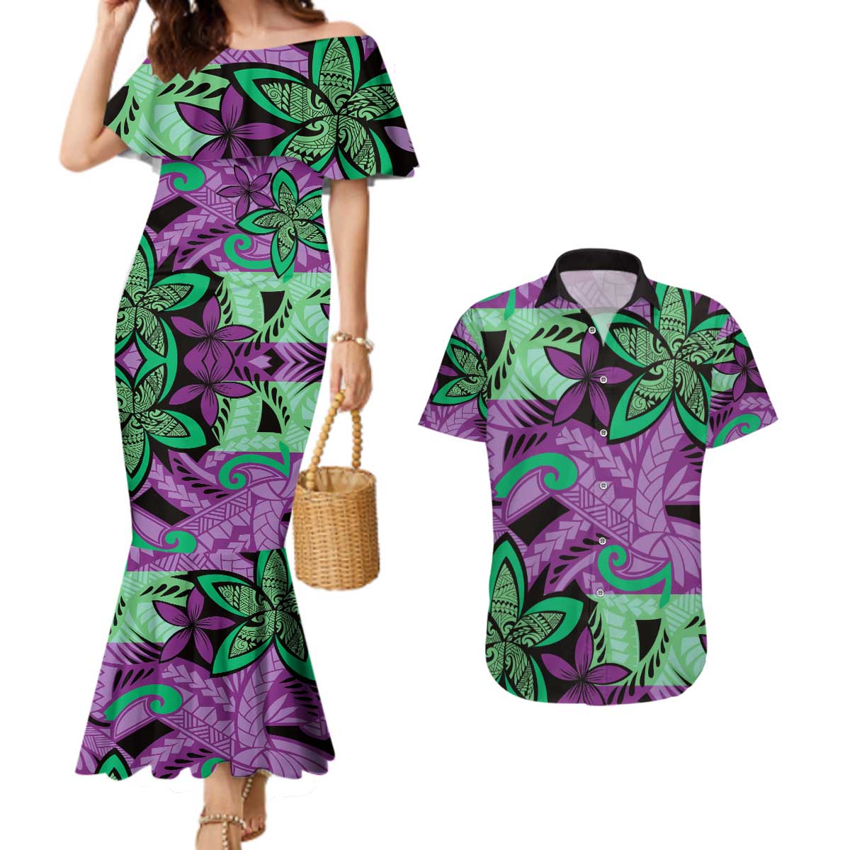 Plumeria Polynesian Pattern Couples Matching Mermaid Dress and Hawaiian Shirt Unique Fantasy Purple Green LT01 Purple - Polynesian Pride