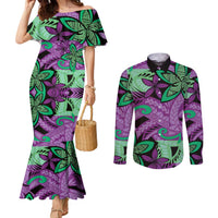 Plumeria Polynesian Pattern Couples Matching Mermaid Dress and Long Sleeve Button Shirt Unique Fantasy Purple Green