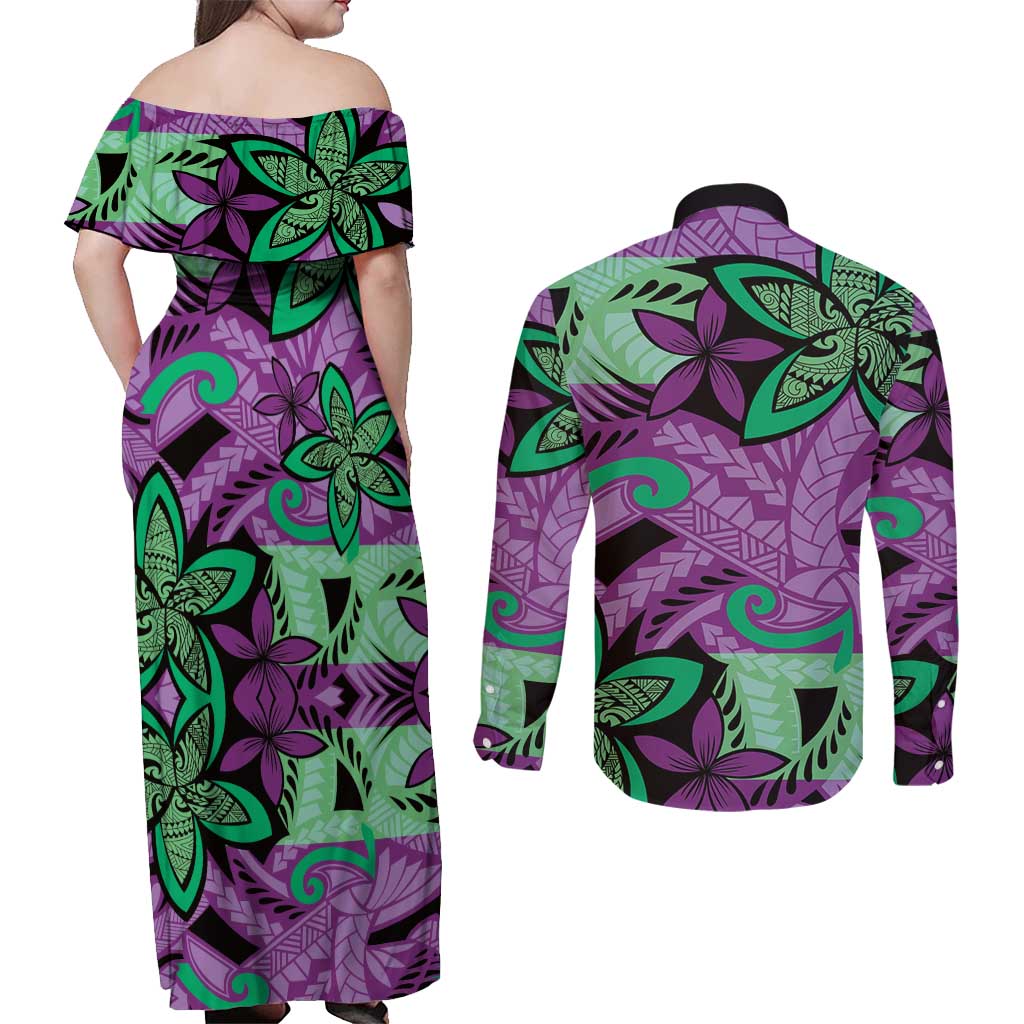 Plumeria Polynesian Pattern Couples Matching Off Shoulder Maxi Dress and Long Sleeve Button Shirt Unique Fantasy Purple Green
