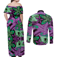 Plumeria Polynesian Pattern Couples Matching Off Shoulder Maxi Dress and Long Sleeve Button Shirt Unique Fantasy Purple Green