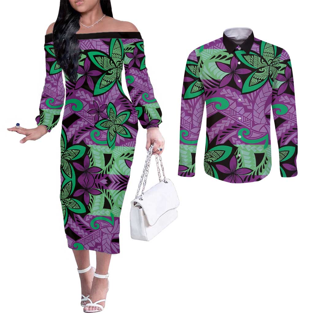 Plumeria Polynesian Pattern Couples Matching Off The Shoulder Long Sleeve Dress and Long Sleeve Button Shirt Unique Fantasy Purple Green