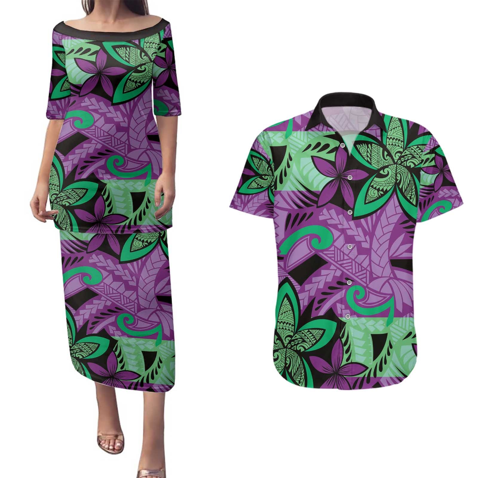 Plumeria Polynesian Pattern Couples Matching Puletasi and Hawaiian Shirt Unique Fantasy Purple Green LT01 Purple - Polynesian Pride