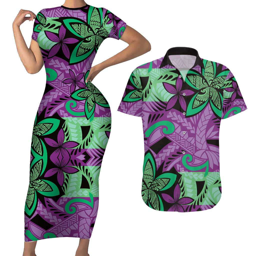 Plumeria Polynesian Pattern Couples Matching Short Sleeve Bodycon Dress and Hawaiian Shirt Unique Fantasy Purple Green LT01 Purple - Polynesian Pride