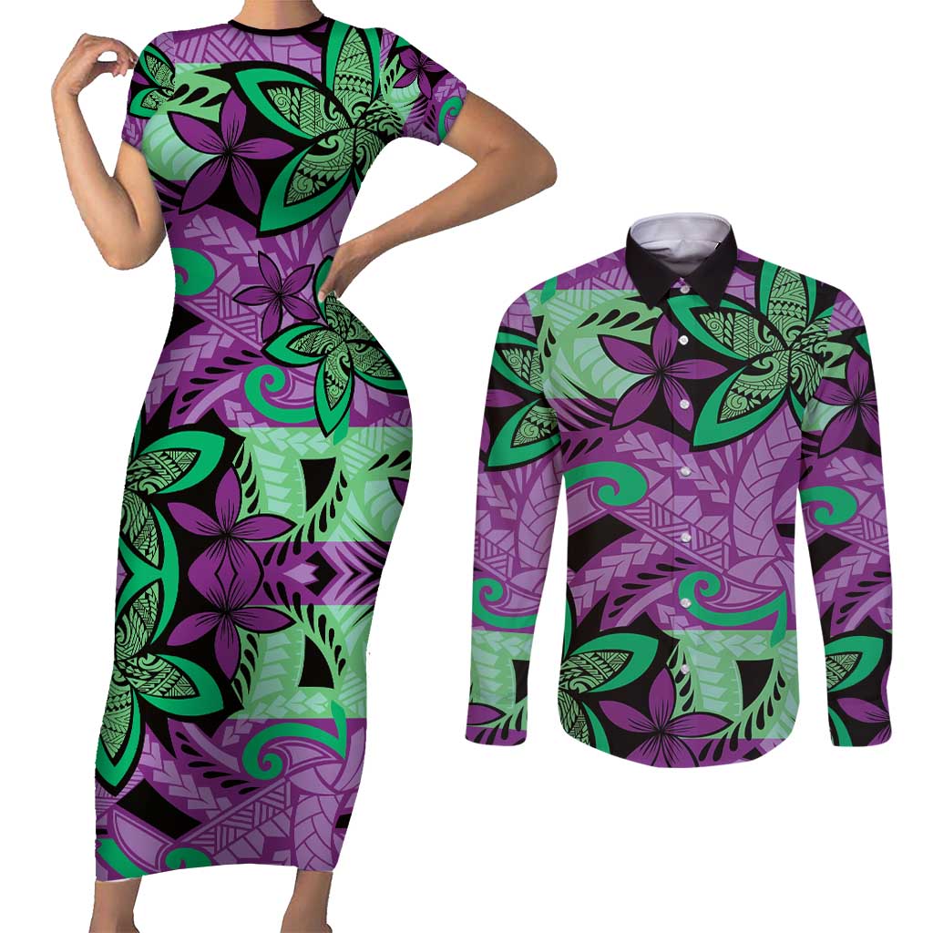 Plumeria Polynesian Pattern Couples Matching Short Sleeve Bodycon Dress and Long Sleeve Button Shirt Unique Fantasy Purple Green