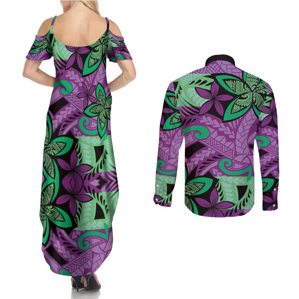 Plumeria Polynesian Pattern Couples Matching Summer Maxi Dress and Long Sleeve Button Shirt Unique Fantasy Purple Green