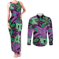 Plumeria Polynesian Pattern Couples Matching Tank Maxi Dress and Long Sleeve Button Shirt Unique Fantasy Purple Green