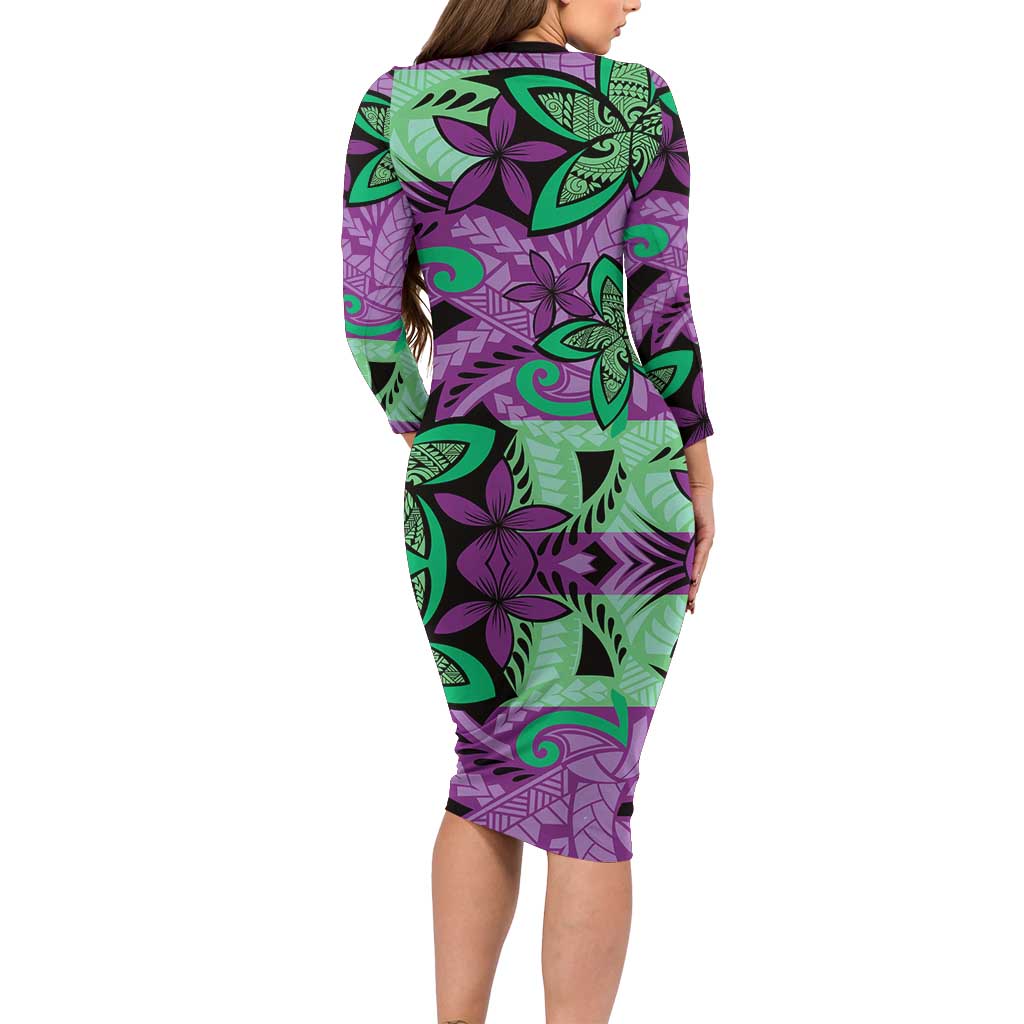 Plumeria Polynesian Pattern Family Matching Long Sleeve Bodycon Dress and Hawaiian Shirt Unique Fantasy Purple Green LT01 - Polynesian Pride