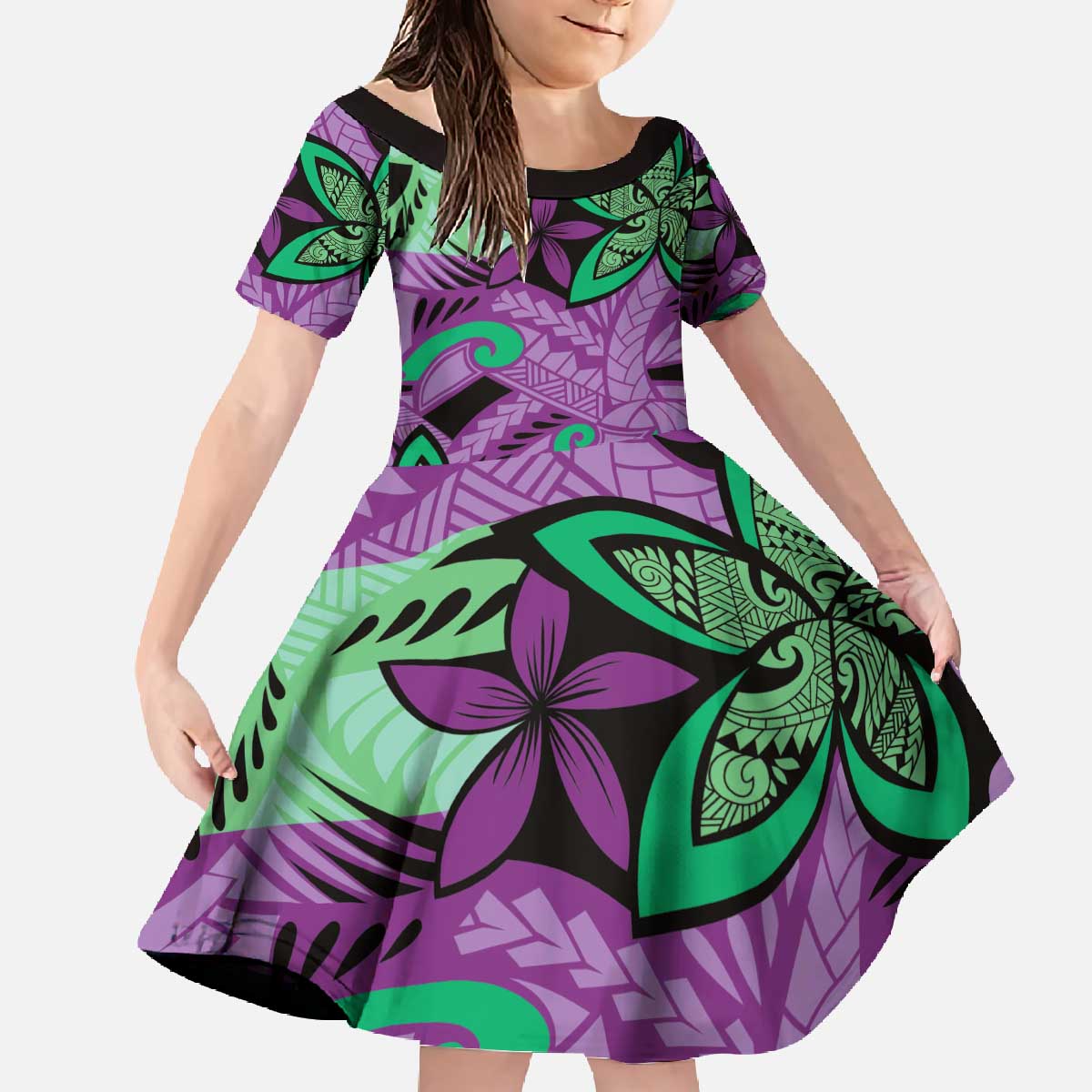 Plumeria Polynesian Pattern Family Matching Off The Shoulder Long Sleeve Dress and Hawaiian Shirt Unique Fantasy Purple Green LT01 Daughter's Dress Purple - Polynesian Pride