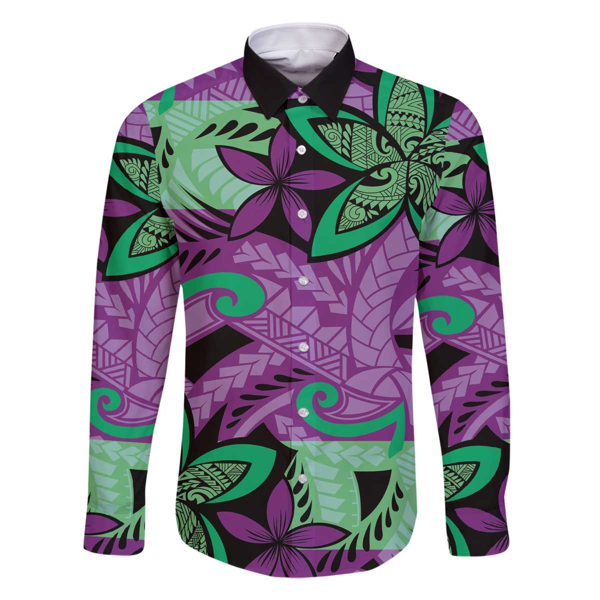 Plumeria Polynesian Pattern Family Matching Off The Shoulder Long Sleeve Dress and Hawaiian Shirt Unique Fantasy Purple Green LT01 Dad's Shirt - Long Sleeve Purple - Polynesian Pride