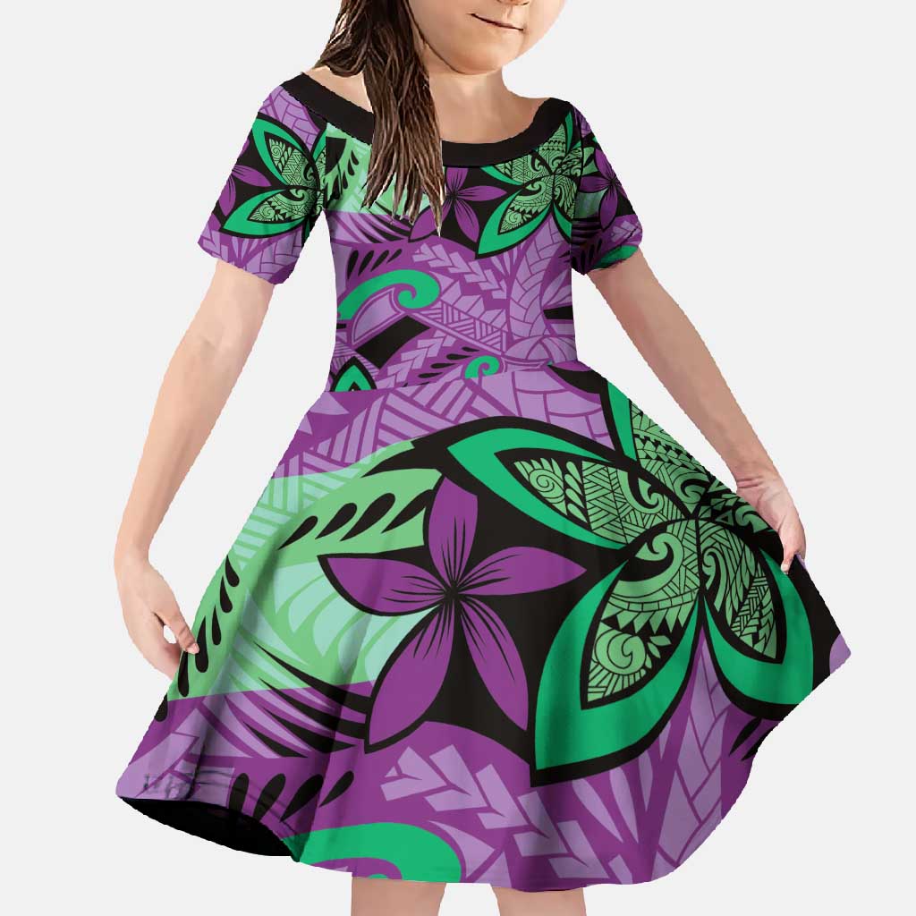 Plumeria Polynesian Pattern Family Matching Off Shoulder Maxi Dress and Hawaiian Shirt Unique Fantasy Purple Green LT01 Daughter's Dress Purple - Polynesian Pride