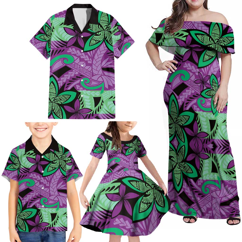 Plumeria Polynesian Pattern Family Matching Off Shoulder Maxi Dress and Hawaiian Shirt Unique Fantasy Purple Green LT01 - Polynesian Pride
