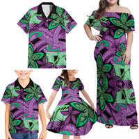 Plumeria Polynesian Pattern Family Matching Off Shoulder Maxi Dress and Hawaiian Shirt Unique Fantasy Purple Green LT01 - Polynesian Pride