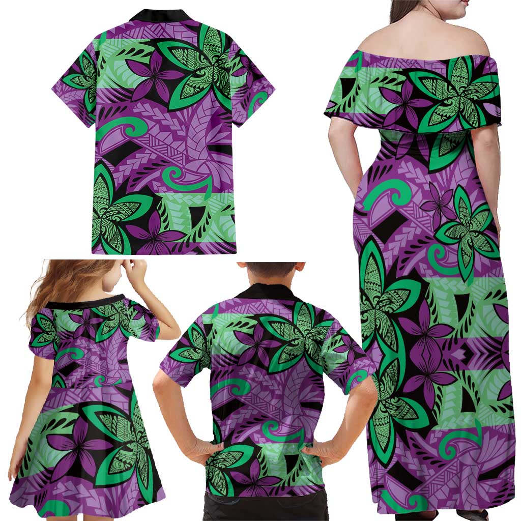 Plumeria Polynesian Pattern Family Matching Off Shoulder Maxi Dress and Hawaiian Shirt Unique Fantasy Purple Green LT01 - Polynesian Pride