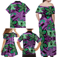 Plumeria Polynesian Pattern Family Matching Off Shoulder Maxi Dress and Hawaiian Shirt Unique Fantasy Purple Green LT01 - Polynesian Pride