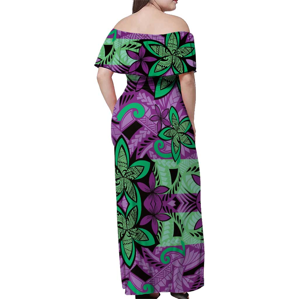 Plumeria Polynesian Pattern Family Matching Off Shoulder Maxi Dress and Hawaiian Shirt Unique Fantasy Purple Green LT01 - Polynesian Pride