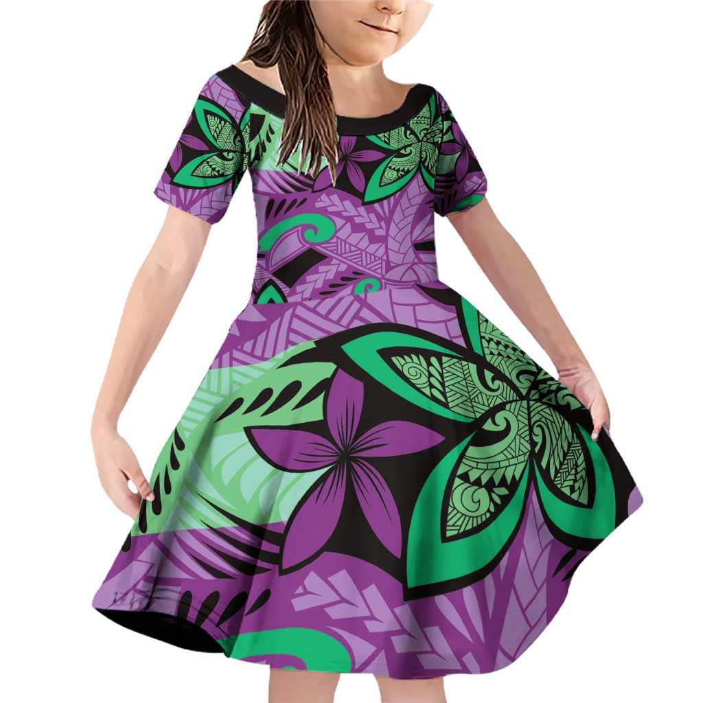 Plumeria Polynesian Pattern Family Matching Off Shoulder Short Dress and Hawaiian Shirt Unique Fantasy Purple Green LT01 Daughter's Dress Purple - Polynesian Pride