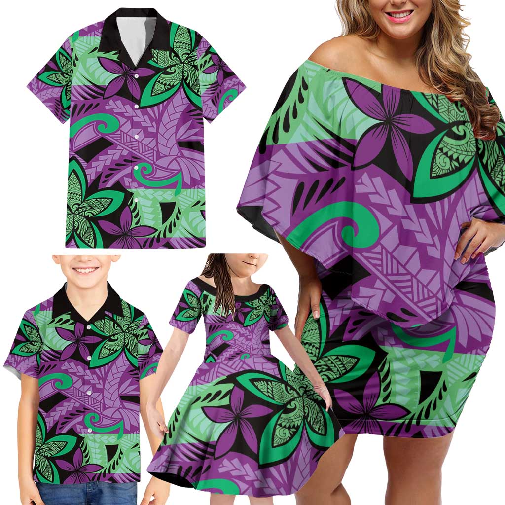 Plumeria Polynesian Pattern Family Matching Off Shoulder Short Dress and Hawaiian Shirt Unique Fantasy Purple Green LT01 - Polynesian Pride