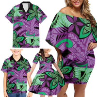 Plumeria Polynesian Pattern Family Matching Off Shoulder Short Dress and Hawaiian Shirt Unique Fantasy Purple Green LT01 - Polynesian Pride