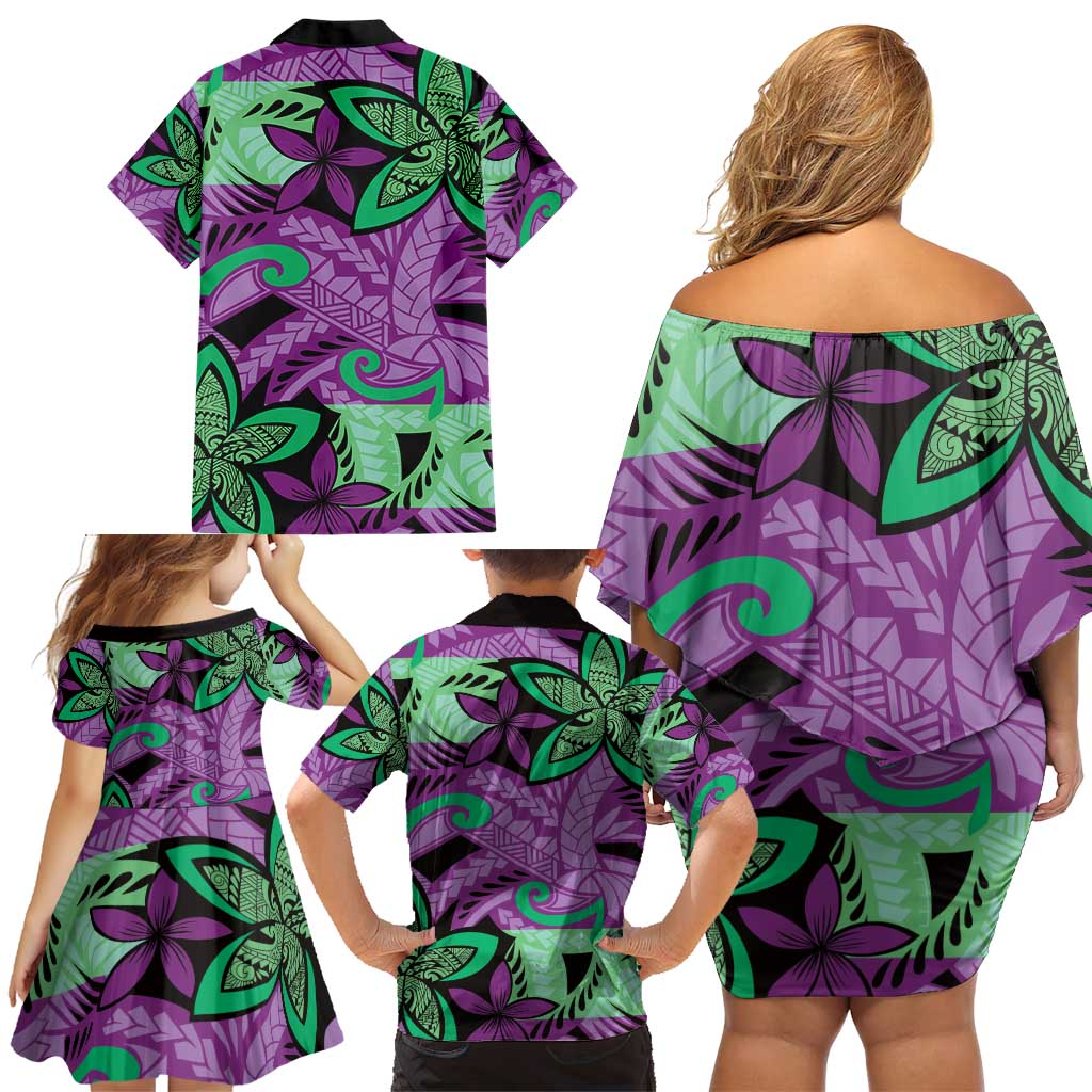 Plumeria Polynesian Pattern Family Matching Off Shoulder Short Dress and Hawaiian Shirt Unique Fantasy Purple Green LT01 - Polynesian Pride