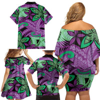 Plumeria Polynesian Pattern Family Matching Off Shoulder Short Dress and Hawaiian Shirt Unique Fantasy Purple Green LT01 - Polynesian Pride
