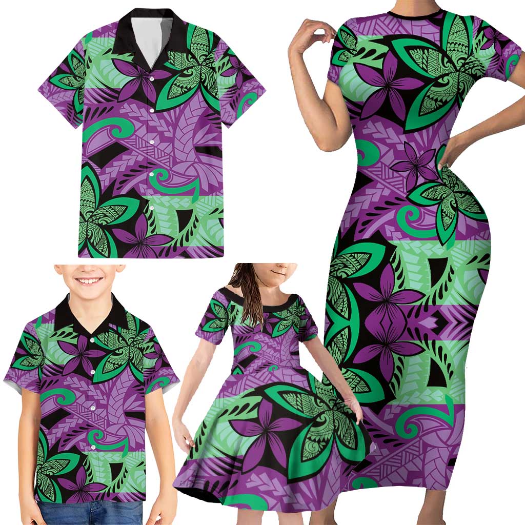 Plumeria Polynesian Pattern Family Matching Short Sleeve Bodycon Dress and Hawaiian Shirt Unique Fantasy Purple Green LT01 - Polynesian Pride