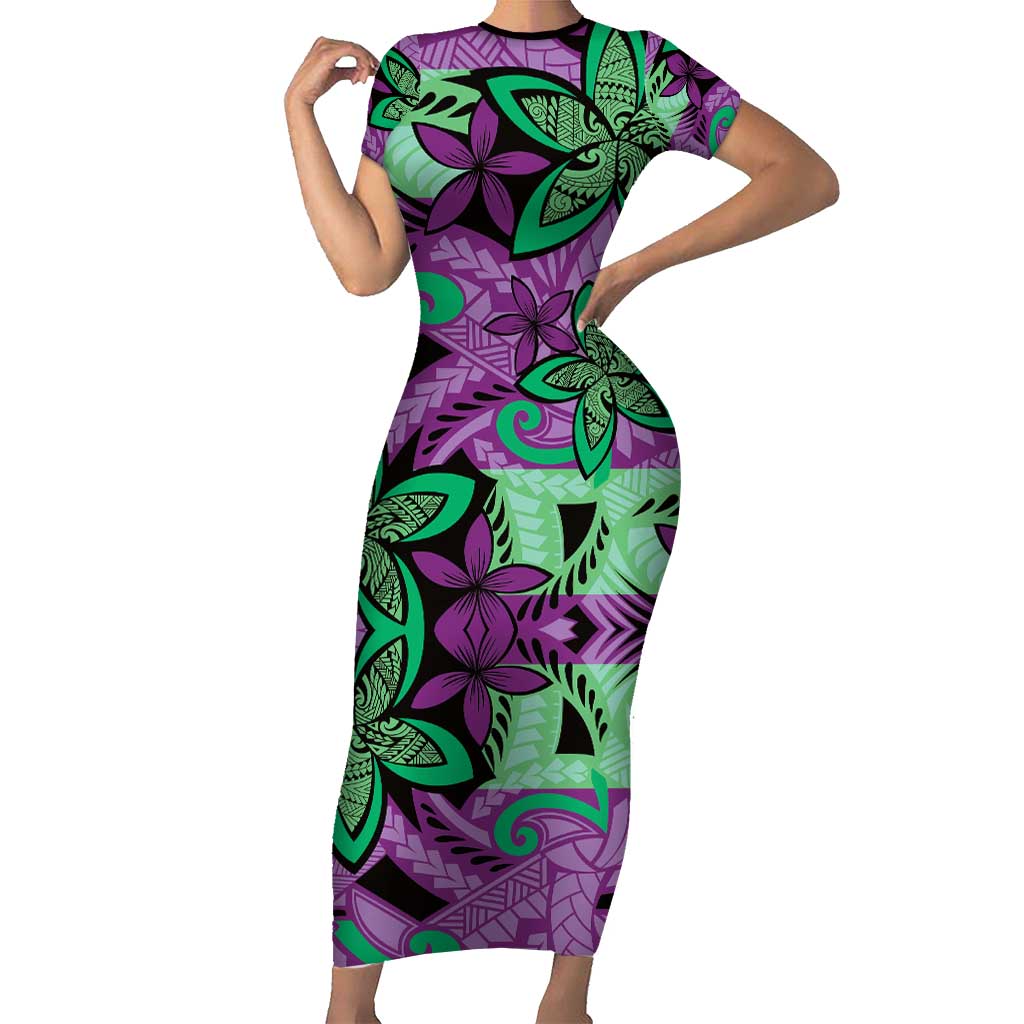 Plumeria Polynesian Pattern Family Matching Short Sleeve Bodycon Dress and Hawaiian Shirt Unique Fantasy Purple Green LT01 Mom's Dress Purple - Polynesian Pride