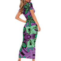 Plumeria Polynesian Pattern Family Matching Short Sleeve Bodycon Dress and Hawaiian Shirt Unique Fantasy Purple Green LT01 - Polynesian Pride