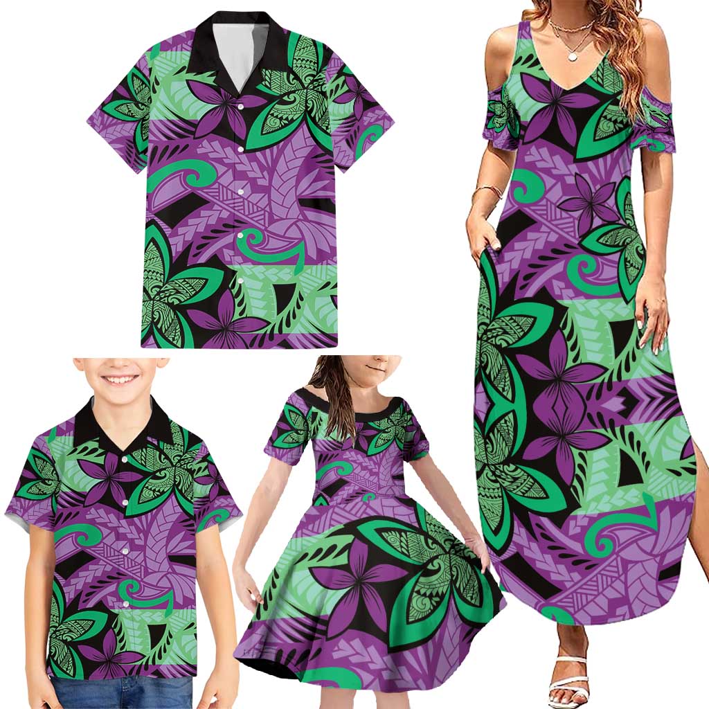 Plumeria Polynesian Pattern Family Matching Summer Maxi Dress and Hawaiian Shirt Unique Fantasy Purple Green LT01 - Polynesian Pride
