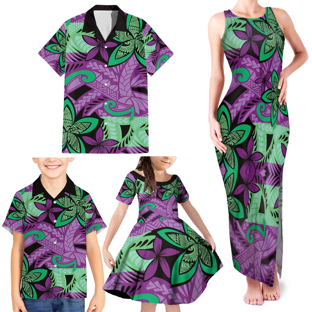 Plumeria Polynesian Pattern Family Matching Tank Maxi Dress and Hawaiian Shirt Unique Fantasy Purple Green LT01 - Polynesian Pride