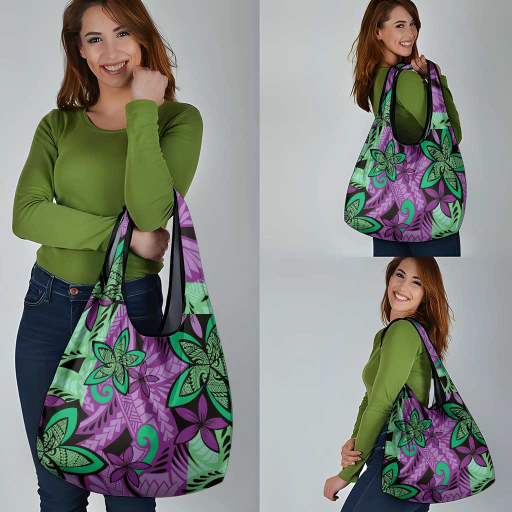 Plumeria Polynesian Pattern Grocery Bag Unique Fantasy Purple Green