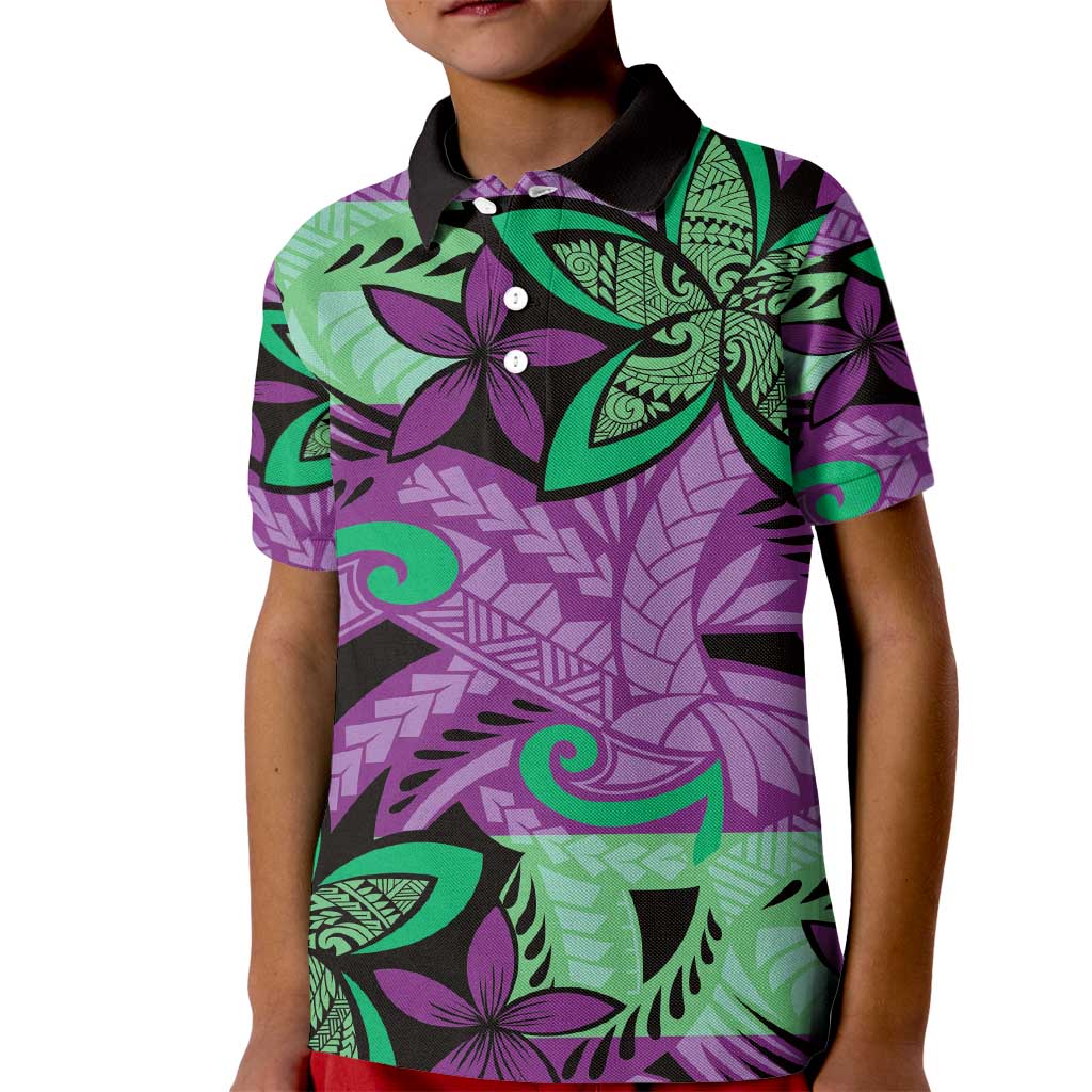 Plumeria Polynesian Pattern Kid Polo Shirt Unique Fantasy Purple Green