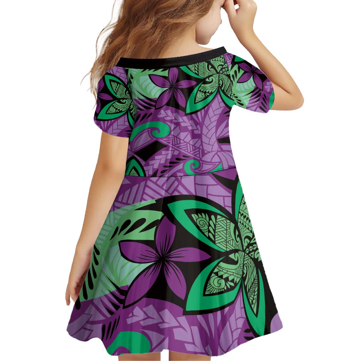 Plumeria Polynesian Pattern Kid Short Sleeve Dress Unique Fantasy Purple Green