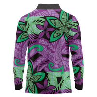 Plumeria Polynesian Pattern Long Sleeve Polo Shirt Unique Fantasy Purple Green
