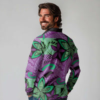 Plumeria Polynesian Pattern Long Sleeve Polo Shirt Unique Fantasy Purple Green