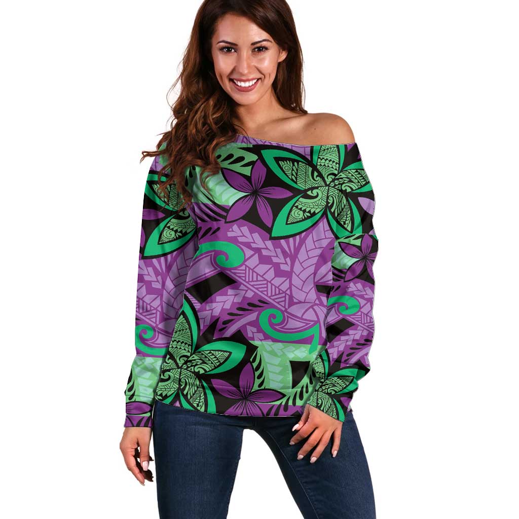 Plumeria Polynesian Pattern Off Shoulder Sweater Unique Fantasy Purple Green LT01 Women Purple - Polynesian Pride