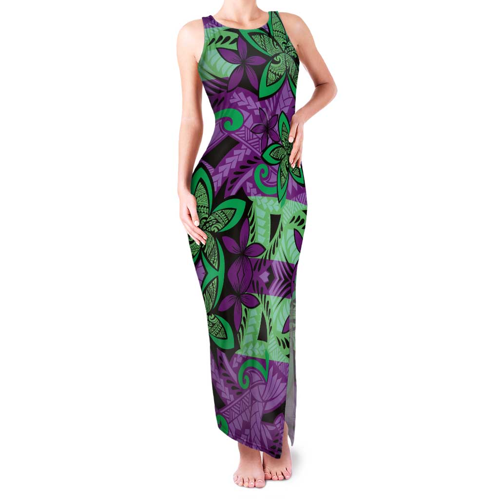 Plumeria Polynesian Pattern Tank Maxi Dress Unique Fantasy Purple Green