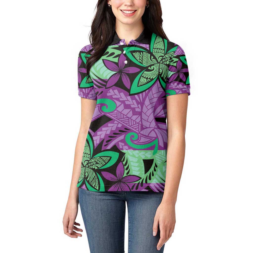 Plumeria Polynesian Pattern Women Polo Shirt Unique Fantasy Purple Green