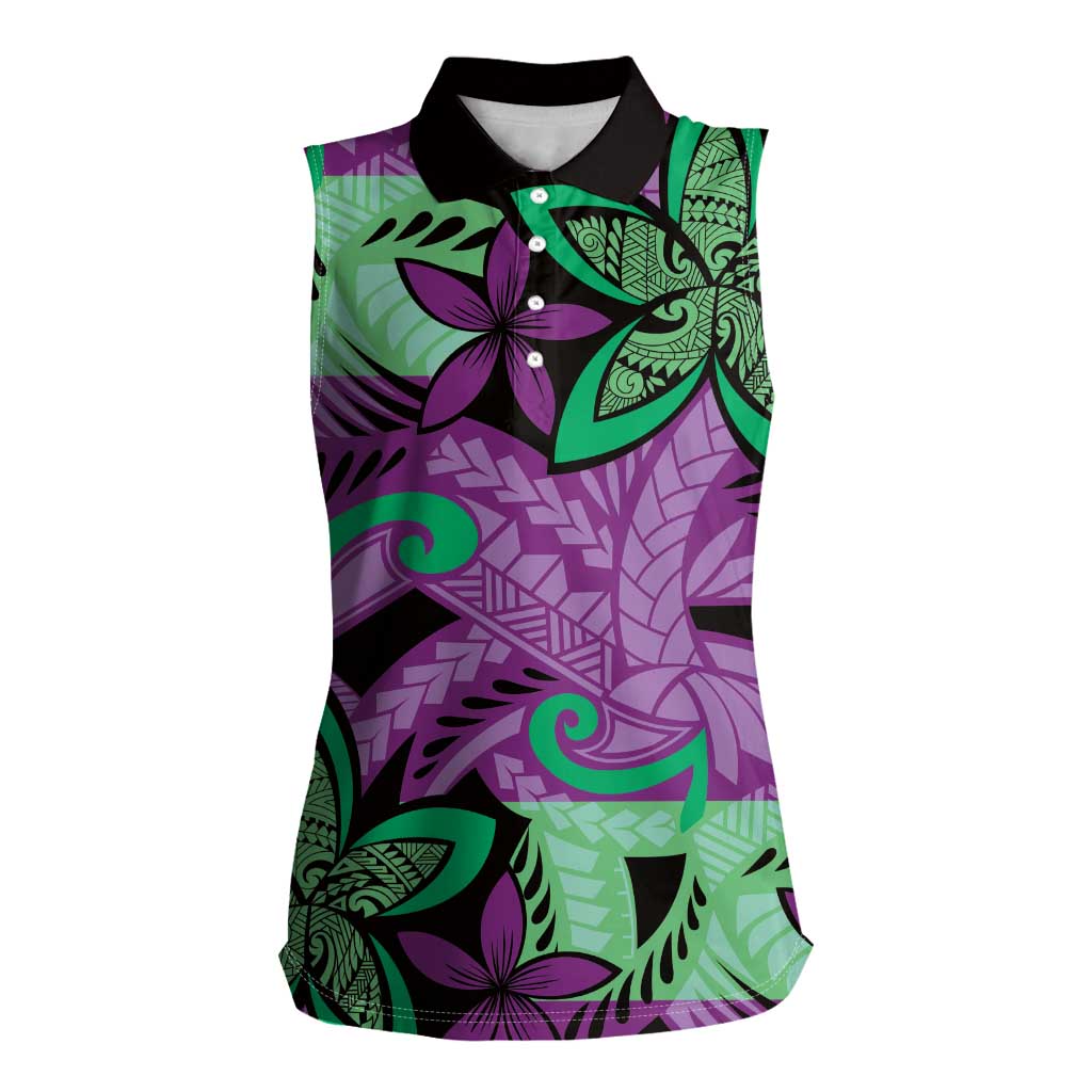 Plumeria Polynesian Pattern Women Sleeveless Polo Shirt Unique Fantasy Purple Green