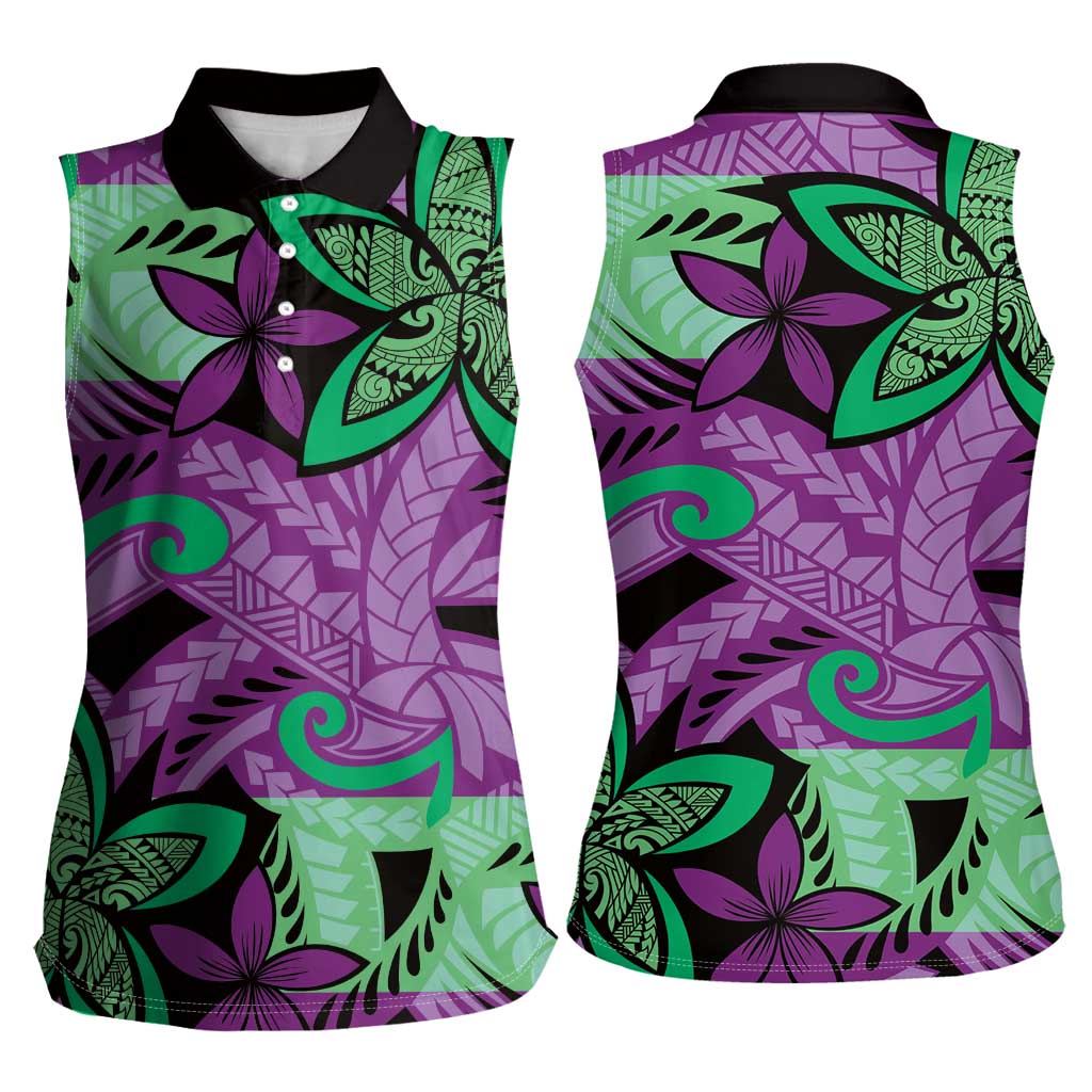 Plumeria Polynesian Pattern Women Sleeveless Polo Shirt Unique Fantasy Purple Green