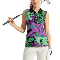 Plumeria Polynesian Pattern Women Sleeveless Polo Shirt Unique Fantasy Purple Green