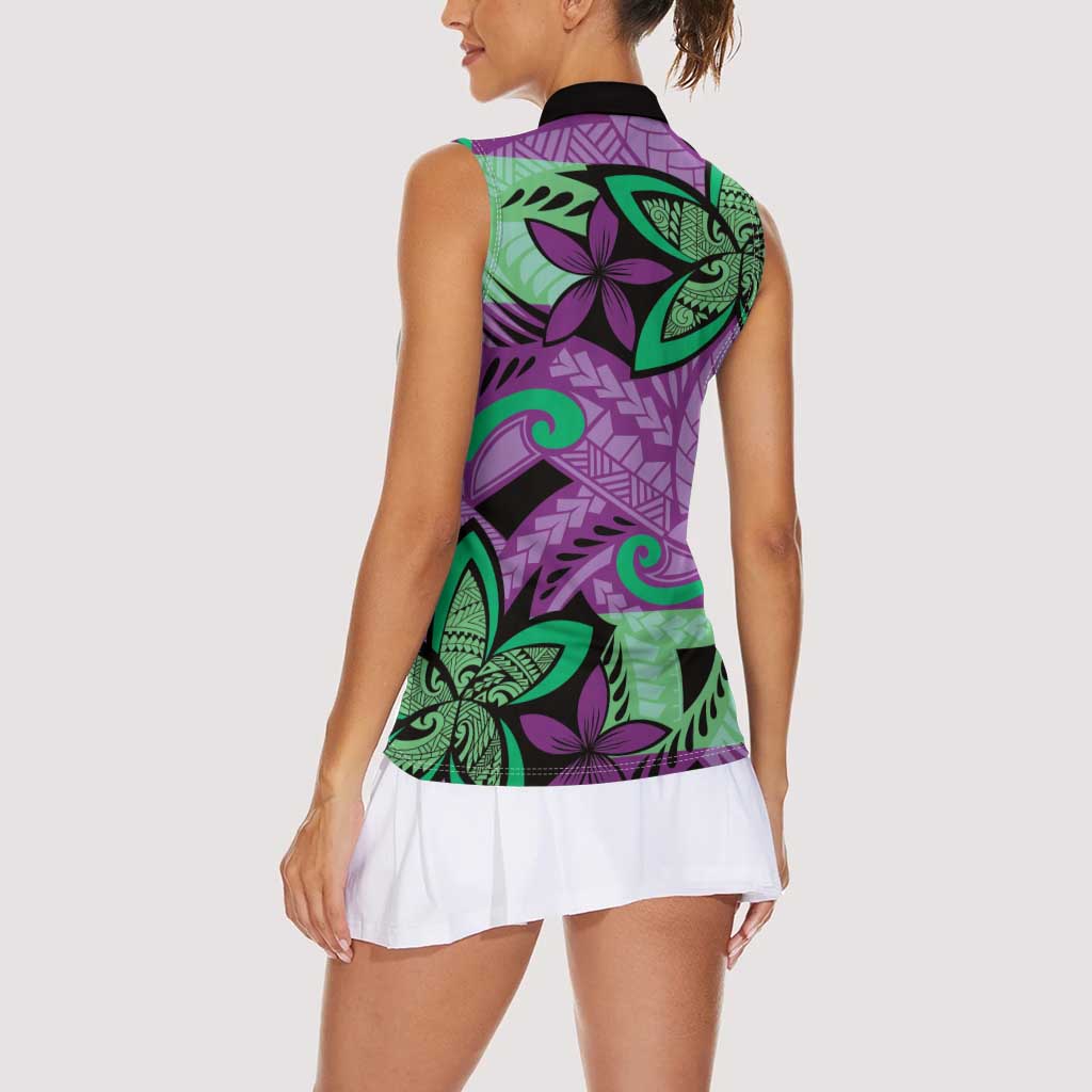 Plumeria Polynesian Pattern Women Sleeveless Polo Shirt Unique Fantasy Purple Green