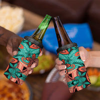 Plumeria Polynesian Pattern 4 in 1 Can Cooler Tumbler Unique Fantasy Teal Orange