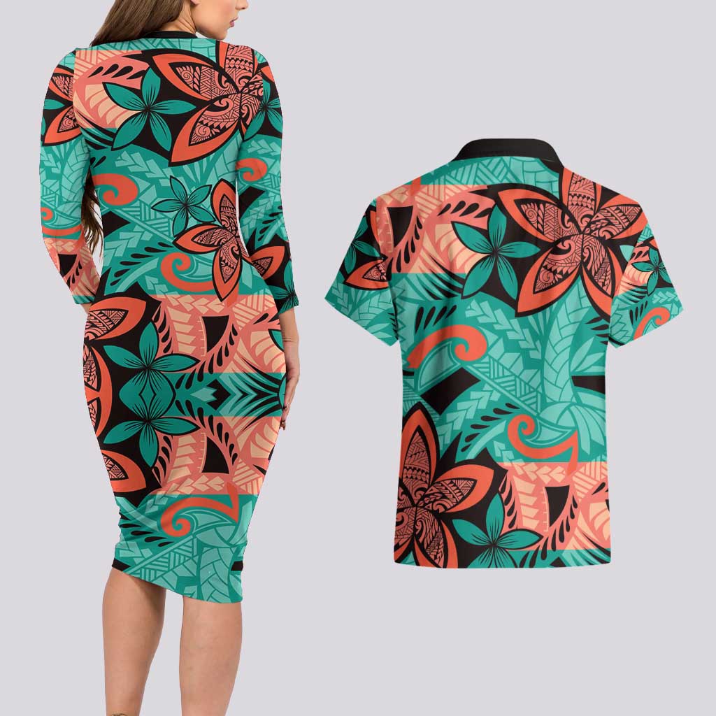 Plumeria Polynesian Pattern Couples Matching Long Sleeve Bodycon Dress and Hawaiian Shirt Unique Fantasy Teal Orange