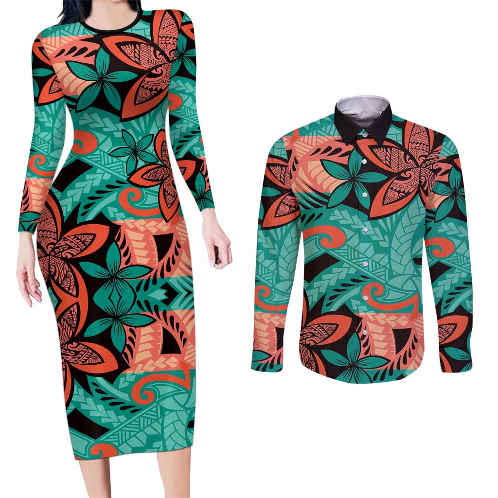Plumeria Polynesian Pattern Couples Matching Long Sleeve Bodycon Dress and Long Sleeve Button Shirt Unique Fantasy Teal Orange