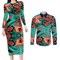 Plumeria Polynesian Pattern Couples Matching Long Sleeve Bodycon Dress and Long Sleeve Button Shirt Unique Fantasy Teal Orange