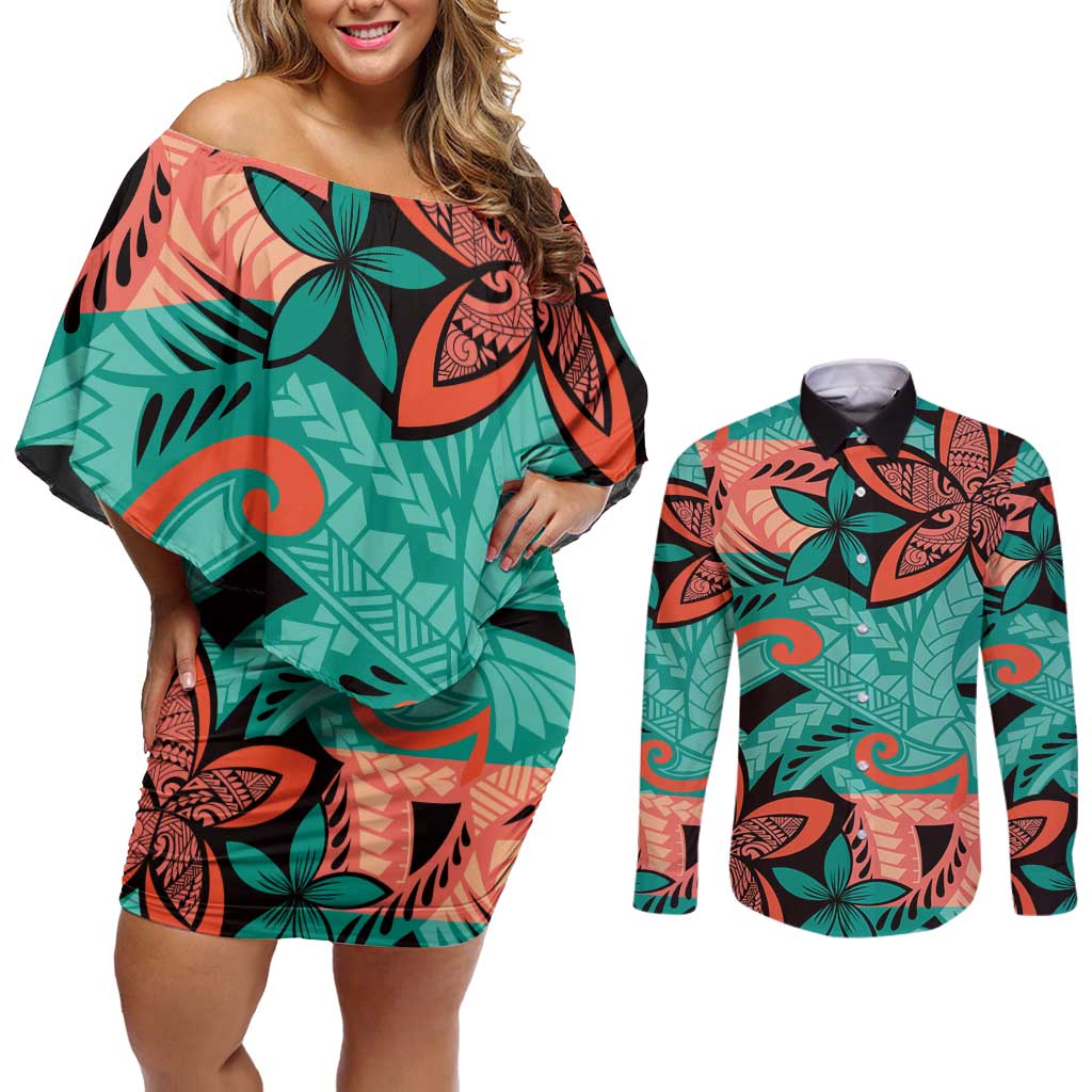 Plumeria Polynesian Pattern Couples Matching Off Shoulder Short Dress and Long Sleeve Button Shirt Unique Fantasy Teal Orange
