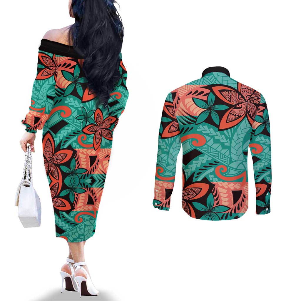 Plumeria Polynesian Pattern Couples Matching Off The Shoulder Long Sleeve Dress and Long Sleeve Button Shirt Unique Fantasy Teal Orange